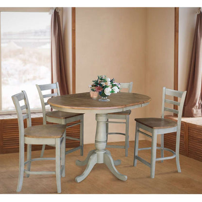 International Concepts - (Set of 5 Pcs) 36in Round Extension Dining Table with 4 RTA Counter Height Stools in Hickory/Stone Finish - K41-36RXT-6B-S6172-4 veiw 2