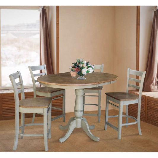 International Concepts - (Set of 5 Pcs) 36in Round Extension Dining Table with 4 RTA Counter Height Stools in Hickory/Stone Finish - K41-36RXT-6B-S6172-4 veiw 2