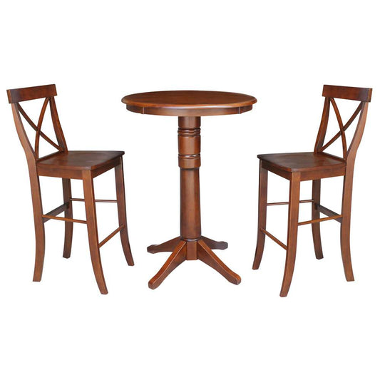 International Concepts (Set of 3 Pcs) - 30in Round Pedestal Bar Height Table with 2 RTA Bar Height Stools in Espresso Finish - K581-30RT-27B-S6133-2 veiw 1