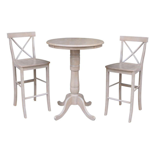 International Concepts (Set of 3 Pcs) - 30in Round Pedestal Bar Height Table with 2 X-Back Bar Height Stools in Washed Gray Taupe Finish - K09-30RT-6B-2-S6133-2 veiw 1