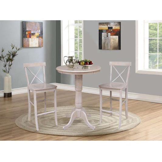 International Concepts (Set of 3 Pcs) - 30in Round Pedestal Bar Height Table with 2 X-Back Bar Height Stools in Washed Gray Taupe Finish - K09-30RT-6B-2-S6133-2 veiw 2
