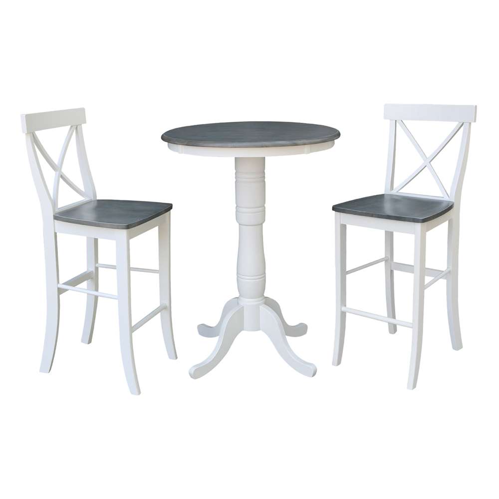 International Concepts (Set of 3 Pcs) - 30in Round Pedestal Bar Height Table with 2 X-Back Bar Height Stools in White/Heather Gray Finish - K05-30RT-6B-S6133-2 veiw 1