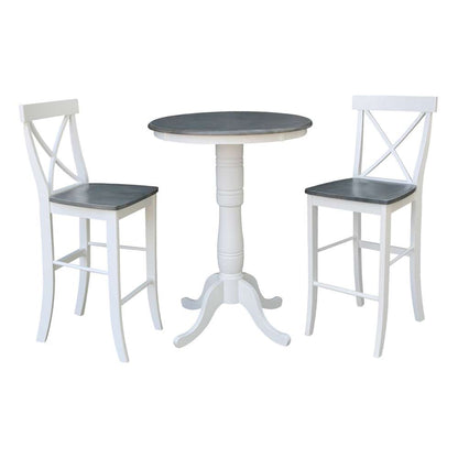 International Concepts (Set of 3 Pcs) - 30in Round Pedestal Bar Height Table with 2 X-Back Bar Height Stools in White/Heather Gray Finish - K05-30RT-6B-S6133-2 veiw 1