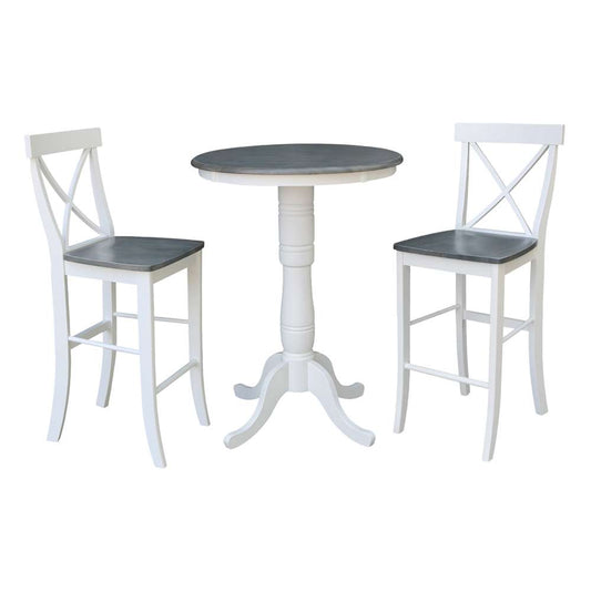 International Concepts (Set of 3 Pcs) - 30in Round Pedestal Bar Height Table with 2 X-Back Bar Height Stools in White/Heather Gray Finish - K05-30RT-6B-S6133-2 veiw 1