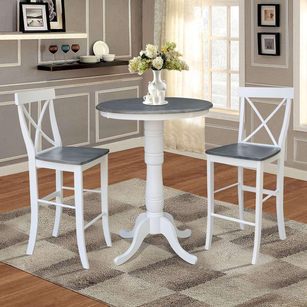 International Concepts (Set of 3 Pcs) - 30in Round Pedestal Bar Height Table with 2 X-Back Bar Height Stools in White/Heather Gray Finish - K05-30RT-6B-S6133-2 veiw 2