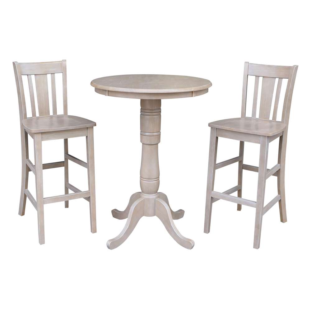 International Concepts (Set of 3 Pcs) - 30in Round Pedestal Bar Height Table with 2 San Remo Bar Height Stools in Washed Gray Taupe Finish - K09-30RT-6B-2-S103-2 veiw 1