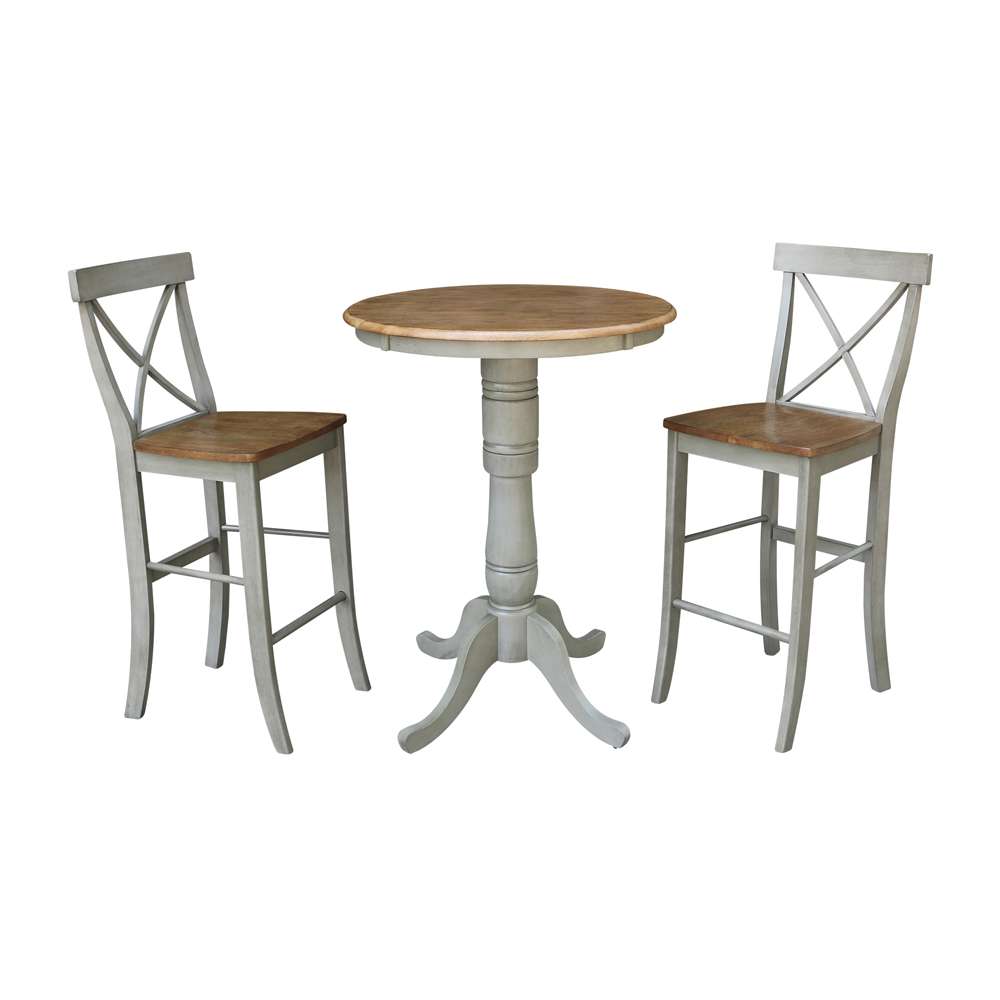 International Concepts (Set of 3 Pcs) - 30in Round Pedestal Bar Height Table with 2 X-Back Bar Height Stools in Hickory/Stone Finish - K41-30RT-6B-S6133-2 veiw 1
