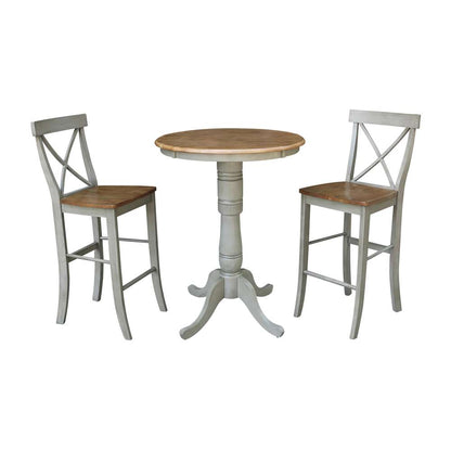 International Concepts (Set of 3 Pcs) - 30in Round Pedestal Bar Height Table with 2 X-Back Bar Height Stools in Hickory/Stone Finish - K41-30RT-6B-S6133-2 veiw 1