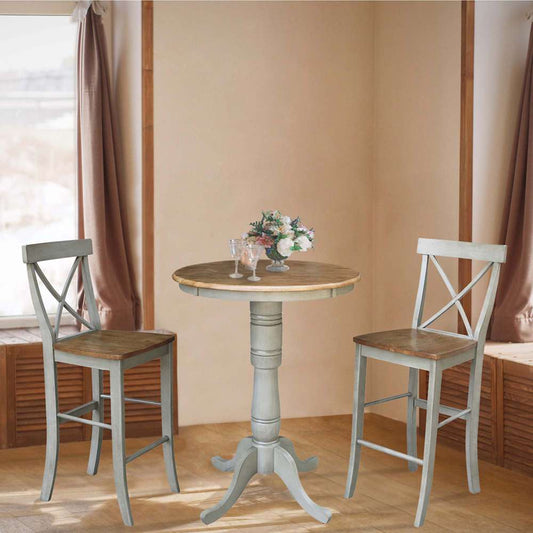 International Concepts (Set of 3 Pcs) - 30in Round Pedestal Bar Height Table with 2 X-Back Bar Height Stools in Hickory/Stone Finish - K41-30RT-6B-S6133-2 veiw 2