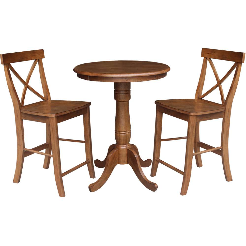 International Concepts (Set of 3 Pcs) - 30in Round Pedestal Gathering Height Table with 2 X-Back Counter Height Stools in Distressed Oak Finish - K42-30RT-6B-S6132-2 veiw 1