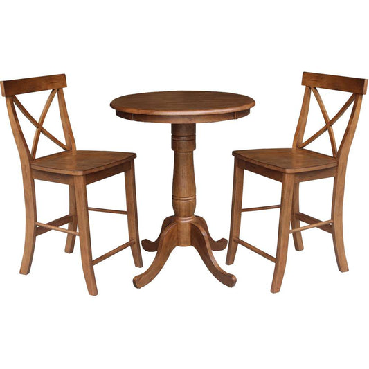 International Concepts (Set of 3 Pcs) - 30in Round Pedestal Gathering Height Table with 2 X-Back Counter Height Stools in Distressed Oak Finish - K42-30RT-6B-S6132-2 veiw 1