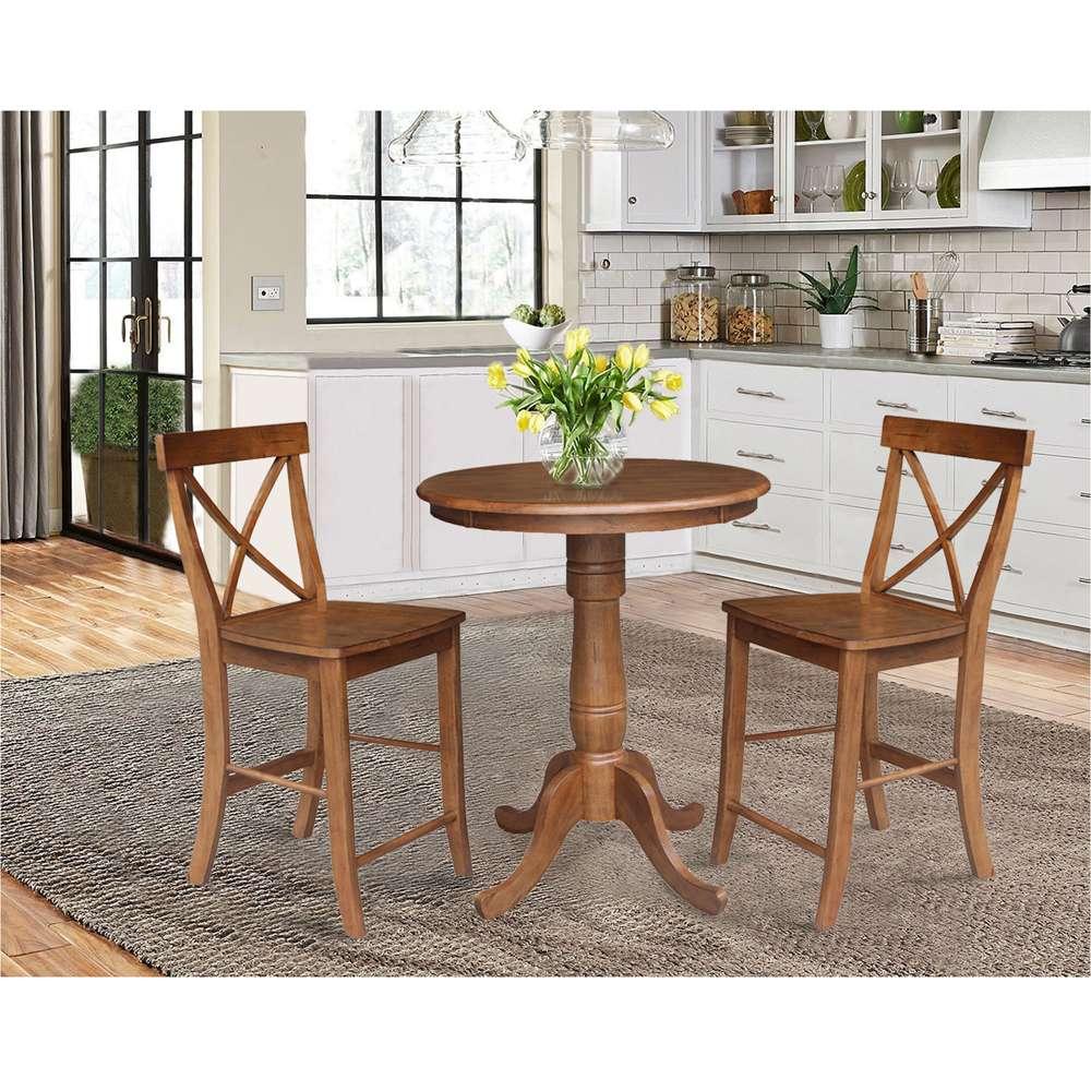 International Concepts (Set of 3 Pcs) - 30in Round Pedestal Gathering Height Table with 2 X-Back Counter Height Stools in Distressed Oak Finish - K42-30RT-6B-S6132-2 veiw 2