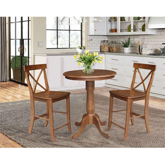 International Concepts (Set of 3 Pcs) - 30in Round Pedestal Gathering Height Table with 2 X-Back Counter Height Stools in Distressed Oak Finish - K42-30RT-6B-S6132-2 veiw 2