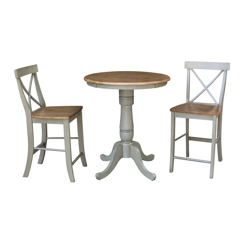 International Concepts (Set of 3 Pcs) - 30in Round Pedestal Gathering Height Table with 2 X-Back Counter Height Stools in Hickory/Stone Finish - K41-30RT-6B-S6132-2 veiw 1
