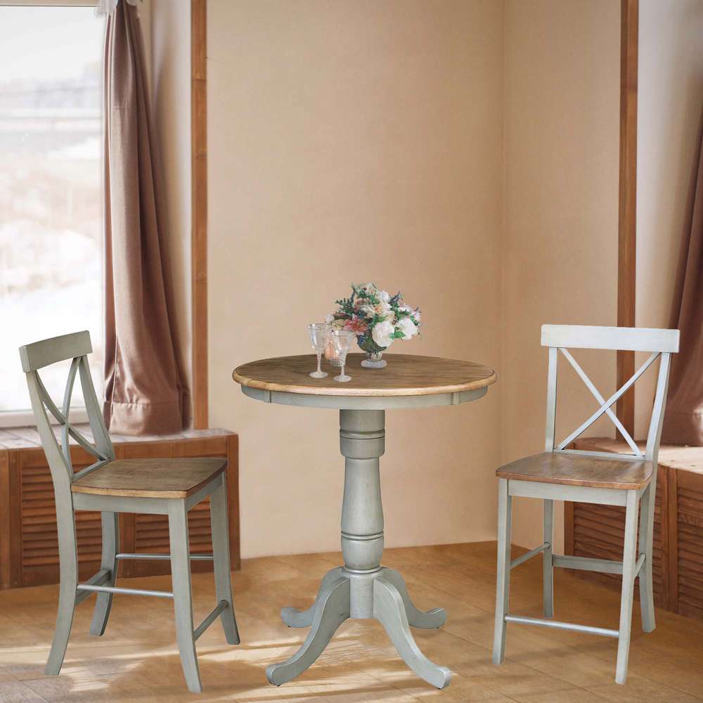 International Concepts (Set of 3 Pcs) - 30in Round Pedestal Gathering Height Table with 2 X-Back Counter Height Stools in Hickory/Stone Finish - K41-30RT-6B-S6132-2 veiw 2