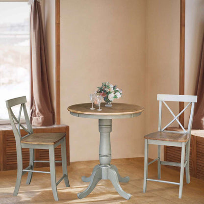 International Concepts (Set of 3 Pcs) - 30in Round Pedestal Gathering Height Table with 2 X-Back Counter Height Stools in Hickory/Stone Finish - K41-30RT-6B-S6132-2 veiw 2