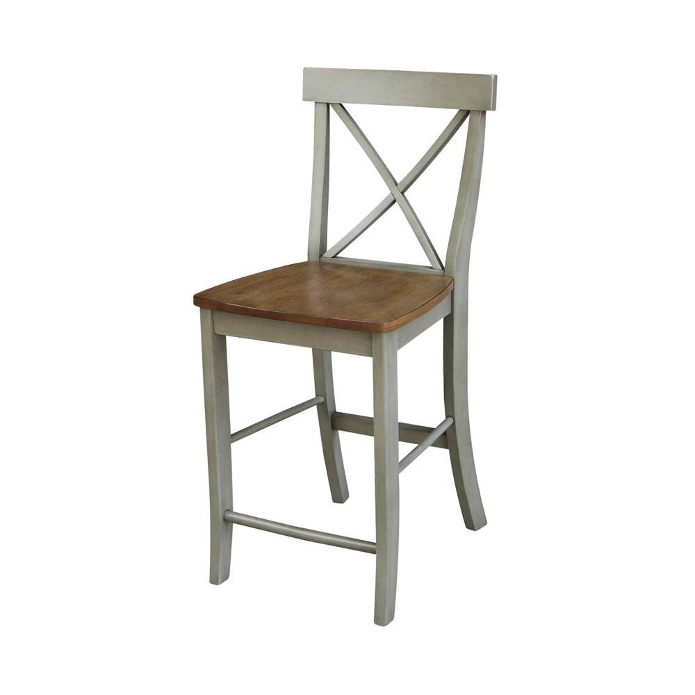 International Concepts (Set of 3 Pcs) - 30in Round Pedestal Gathering Height Table with 2 X-Back Counter Height Stools in Hickory/Stone Finish - K41-30RT-6B-S6132-2 veiw 3