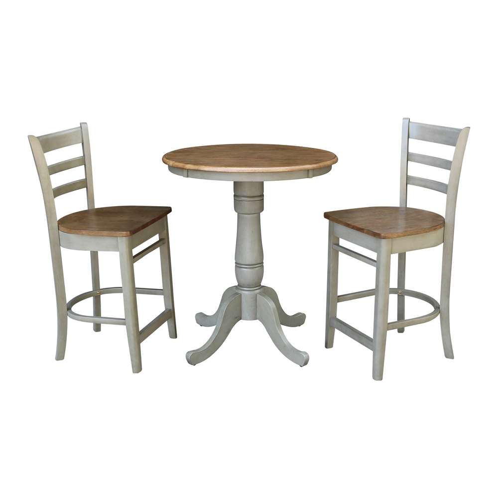 International Concepts (Set of 3 Pcs) - 30in Round Pedestal Gathering Height Table with 2 Emily Counter Height Stools in Hickory/Stone Finish - K41-30RT-6B-S6172-2 veiw 1