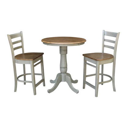 International Concepts (Set of 3 Pcs) - 30in Round Pedestal Gathering Height Table with 2 Emily Counter Height Stools in Hickory/Stone Finish - K41-30RT-6B-S6172-2 veiw 1