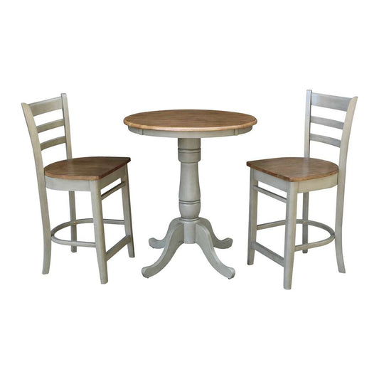 International Concepts (Set of 3 Pcs) - 30in Round Pedestal Gathering Height Table with 2 Emily Counter Height Stools in Hickory/Stone Finish - K41-30RT-6B-S6172-2 veiw 1