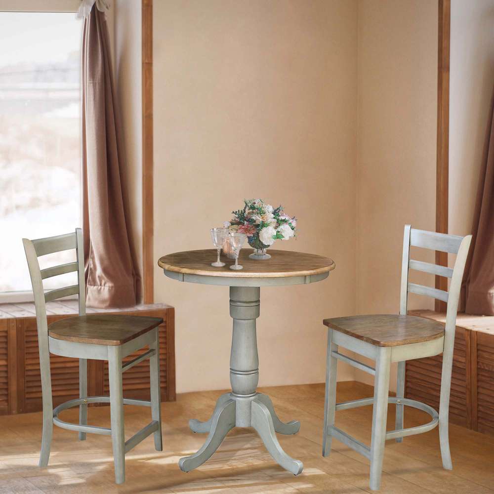 International Concepts (Set of 3 Pcs) - 30in Round Pedestal Gathering Height Table with 2 Emily Counter Height Stools in Hickory/Stone Finish - K41-30RT-6B-S6172-2 veiw 2