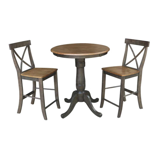 International Concepts (Set of 3 Pcs) - 30in Round Pedestal Gathering Height Table with 2 X-Back Counter Height Stools in Hickory/Washed Coal Finish - K45-30RT-6B-S6132-2 veiw 1