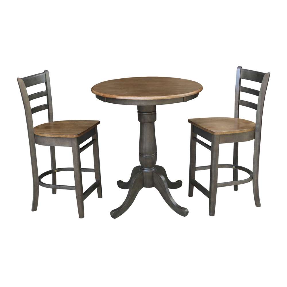 International Concepts (Set of 3 Pcs) - 30in Round Pedestal Gathering Height Table with 2 Emily Counter Height Stools in Hickory/Washed Coal Finish - K45-30RT-6B-S6172-2 veiw 1