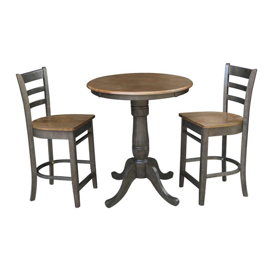 International Concepts (Set of 3 Pcs) - 30in Round Pedestal Gathering Height Table with 2 Emily Counter Height Stools in Hickory/Washed Coal Finish - K45-30RT-6B-S6172-2 veiw 1