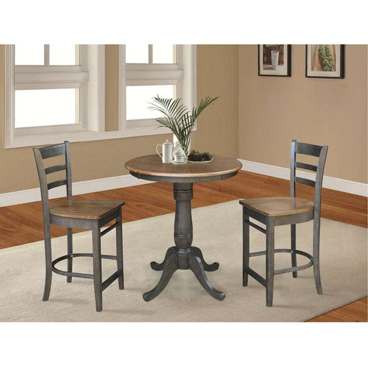 International Concepts (Set of 3 Pcs) - 30in Round Pedestal Gathering Height Table with 2 Emily Counter Height Stools in Hickory/Washed Coal Finish - K45-30RT-6B-S6172-2 veiw 2