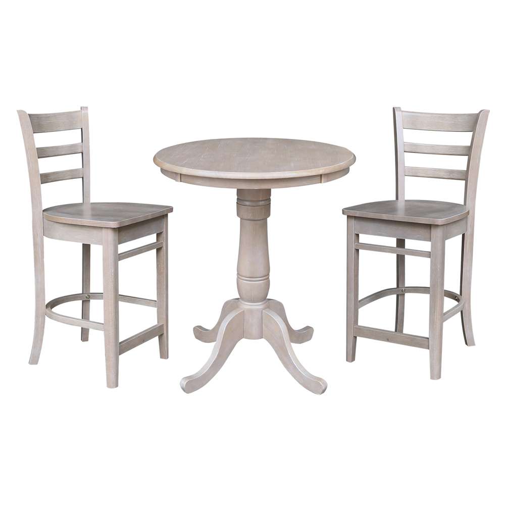 International Concepts (Set of 3 Pcs) - 30in Round Pedestal Gathering Height Table with 2 Counter Height Stools in Washed Gray Taupe Finish - K09-30RT-S6172-2 veiw 1