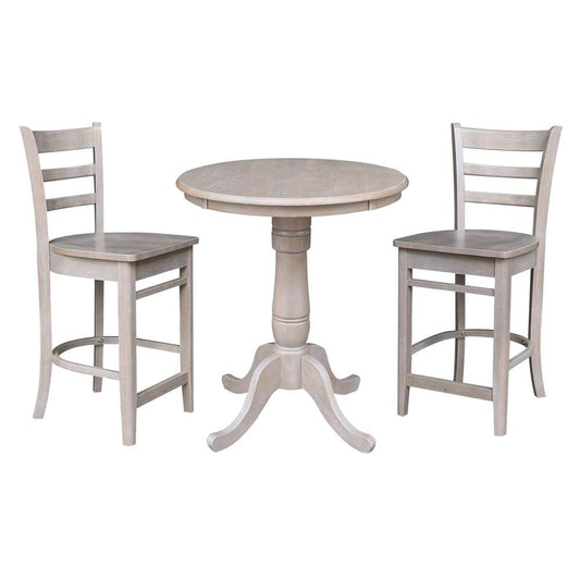 International Concepts (Set of 3 Pcs) - 30in Round Pedestal Gathering Height Table with 2 Counter Height Stools in Washed Gray Taupe Finish - K09-30RT-S6172-2 veiw 1