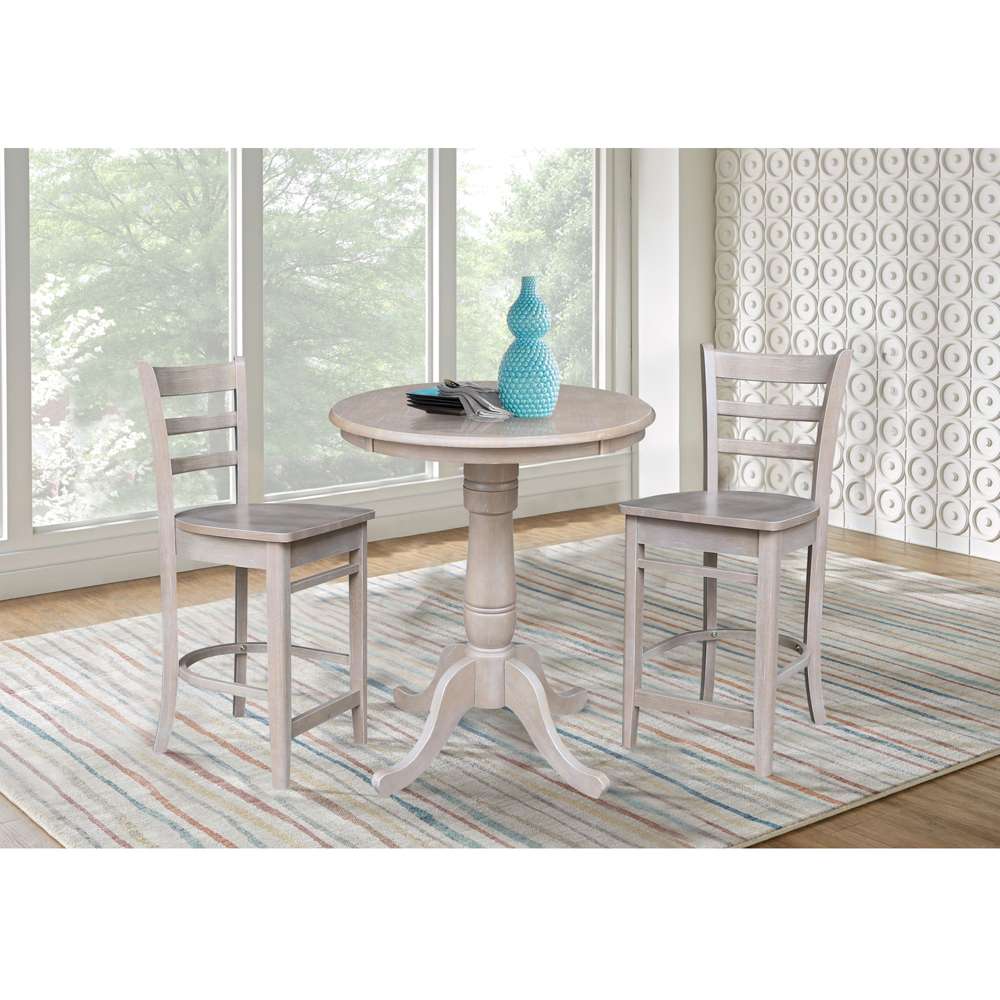 International Concepts (Set of 3 Pcs) - 30in Round Pedestal Gathering Height Table with 2 Counter Height Stools in Washed Gray Taupe Finish - K09-30RT-S6172-2 veiw 2