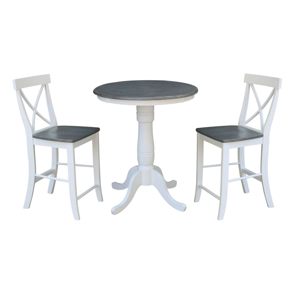 International Concepts (Set of 3 Pcs) - 30in Round Pedestal Gathering Height Table with 2 X-Back Counter Height Stools in White/Heather Gray Finish - K05-30RT-6B-S6132-2 veiw 1