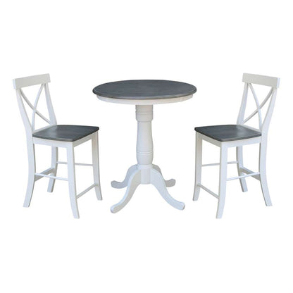 International Concepts (Set of 3 Pcs) - 30in Round Pedestal Gathering Height Table with 2 X-Back Counter Height Stools in White/Heather Gray Finish - K05-30RT-6B-S6132-2 veiw 1