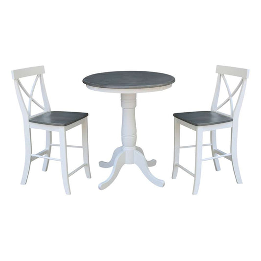 International Concepts (Set of 3 Pcs) - 30in Round Pedestal Gathering Height Table with 2 X-Back Counter Height Stools in White/Heather Gray Finish - K05-30RT-6B-S6132-2 veiw 1