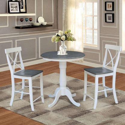 International Concepts (Set of 3 Pcs) - 30in Round Pedestal Gathering Height Table with 2 X-Back Counter Height Stools in White/Heather Gray Finish - K05-30RT-6B-S6132-2 veiw 2