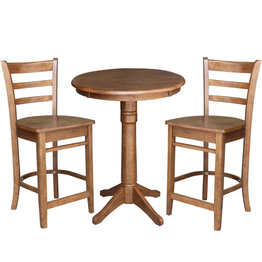 International Concepts (Set of 3 Pcs) - 30in Round Pedestal Gathering Height Table with 2 Emily Counter Height Stools in Distressed Oak Finish - K42-30RT-27B-S6172-2 veiw 1
