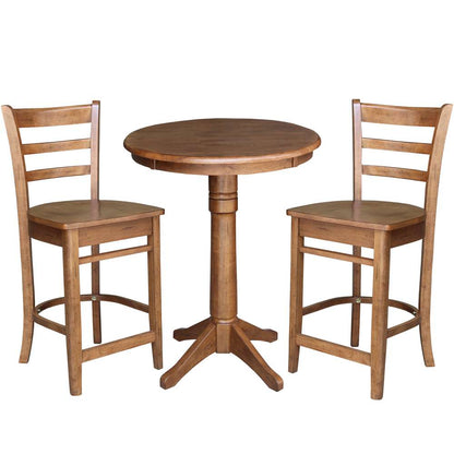 International Concepts (Set of 3 Pcs) - 30in Round Pedestal Gathering Height Table with 2 Emily Counter Height Stools in Distressed Oak Finish - K42-30RT-27B-S6172-2 veiw 1