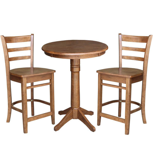 International Concepts (Set of 3 Pcs) - 30in Round Pedestal Gathering Height Table with 2 Emily Counter Height Stools in Distressed Oak Finish - K42-30RT-27B-S6172-2 veiw 1