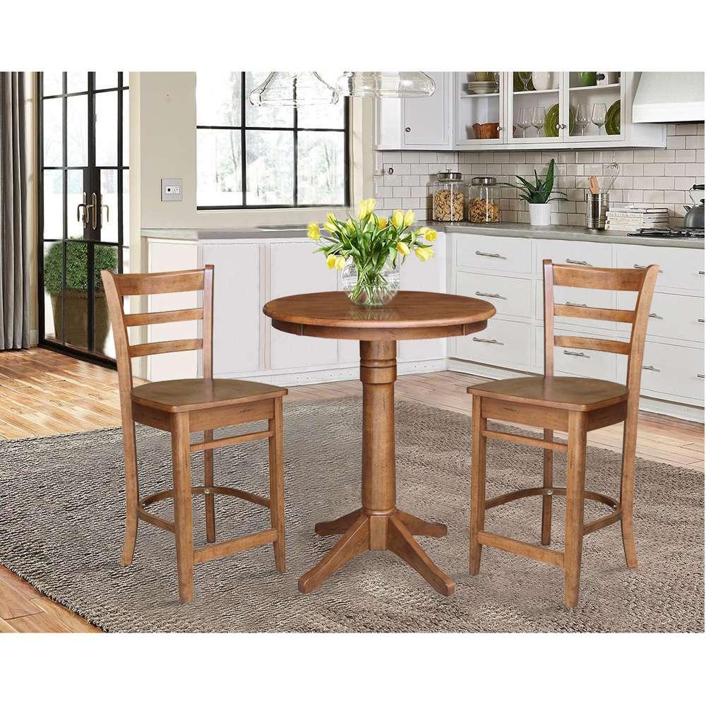 International Concepts (Set of 3 Pcs) - 30in Round Pedestal Gathering Height Table with 2 Emily Counter Height Stools in Distressed Oak Finish - K42-30RT-27B-S6172-2 veiw 2