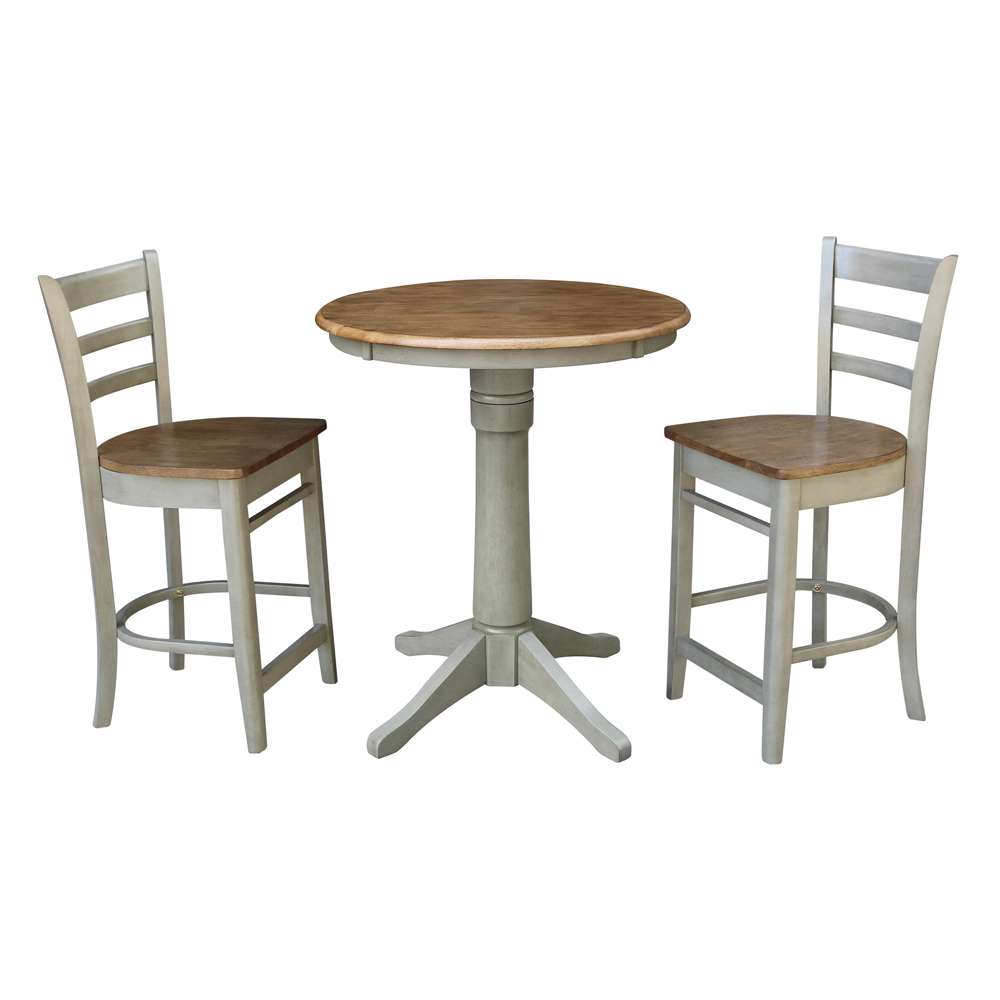 International Concepts (Set of 3 Pcs) - 30in Round Pedestal Gathering Height Table with 2 Emily Counter Height Stools in Hickory/Stone Finish - K41-30RT-27B-S6172-2 veiw 1
