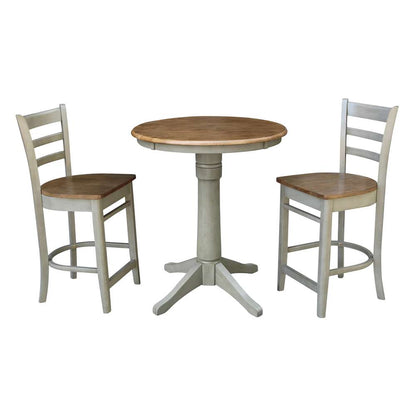 International Concepts (Set of 3 Pcs) - 30in Round Pedestal Gathering Height Table with 2 Emily Counter Height Stools in Hickory/Stone Finish - K41-30RT-27B-S6172-2 veiw 1