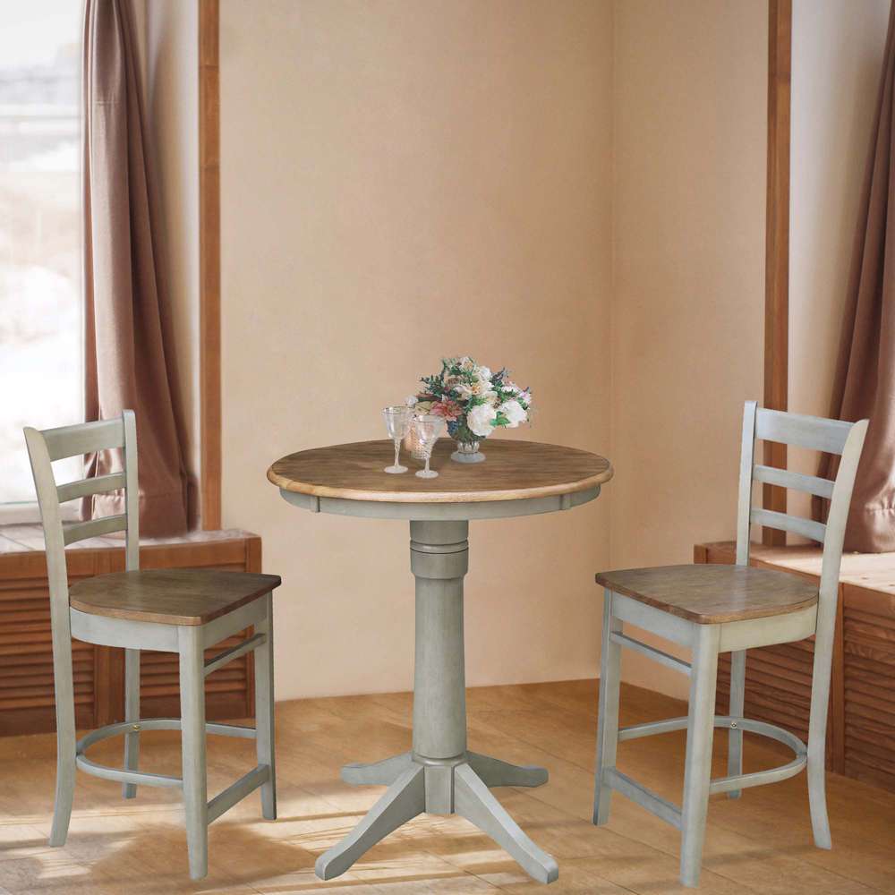 International Concepts (Set of 3 Pcs) - 30in Round Pedestal Gathering Height Table with 2 Emily Counter Height Stools in Hickory/Stone Finish - K41-30RT-27B-S6172-2 veiw 2