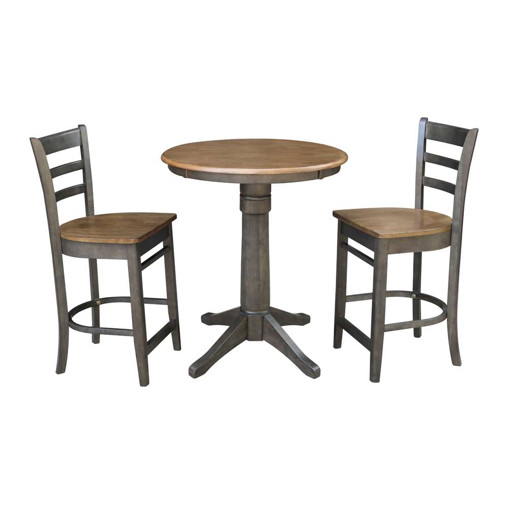 International Concepts (Set of 3 Pcs) - 30in Round Pedestal Gathering Height Table with 2 Emily Counter Height Stools in Hickory/Washed Coal Finish - K45-30RT-27B-S6172-2 veiw 1