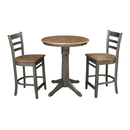 International Concepts (Set of 3 Pcs) - 30in Round Pedestal Gathering Height Table with 2 Emily Counter Height Stools in Hickory/Washed Coal Finish - K45-30RT-27B-S6172-2 veiw 1