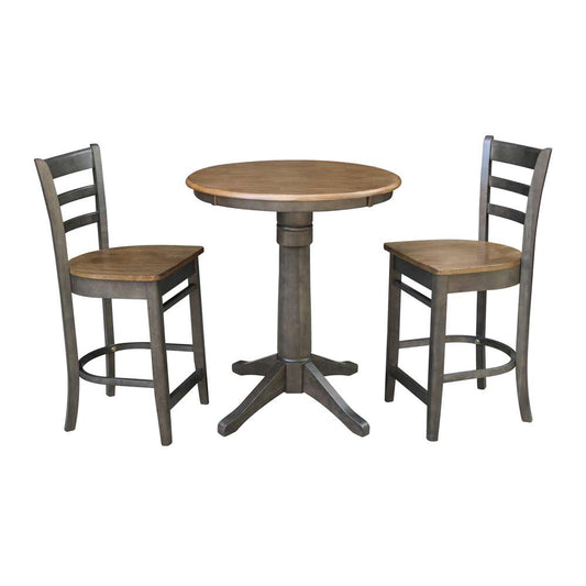 International Concepts (Set of 3 Pcs) - 30in Round Pedestal Gathering Height Table with 2 Emily Counter Height Stools in Hickory/Washed Coal Finish - K45-30RT-27B-S6172-2 veiw 1