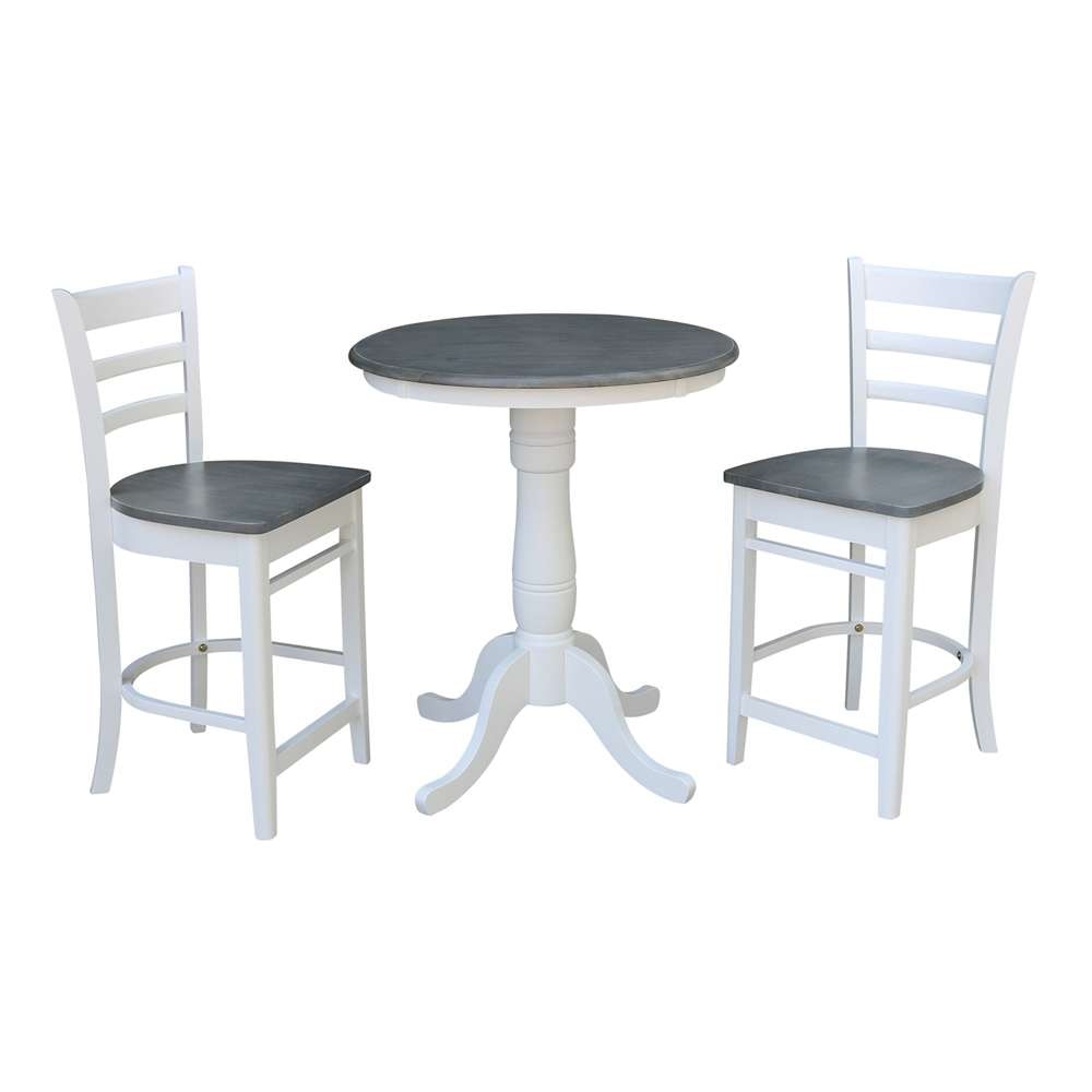 International Concepts (Set of 3 Pcs) - 30in Round Pedestal Gathering Height Table with 2 Emily Counter Height Stools in White/Heather Gray Finish - K05-30RT-6B-S6172-2 veiw 1