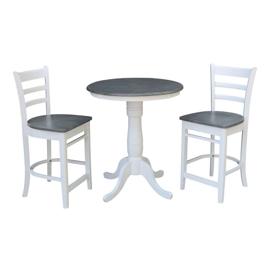 International Concepts (Set of 3 Pcs) - 30in Round Pedestal Gathering Height Table with 2 Emily Counter Height Stools in White/Heather Gray Finish - K05-30RT-6B-S6172-2 veiw 1