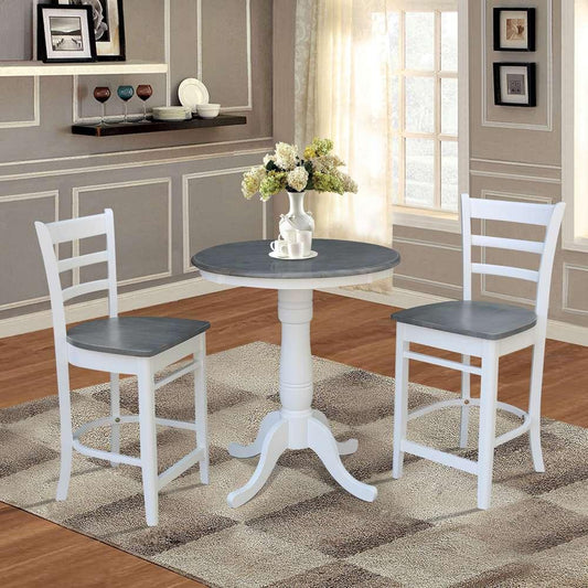 International Concepts (Set of 3 Pcs) - 30in Round Pedestal Gathering Height Table with 2 Emily Counter Height Stools in White/Heather Gray Finish - K05-30RT-6B-S6172-2 veiw 2