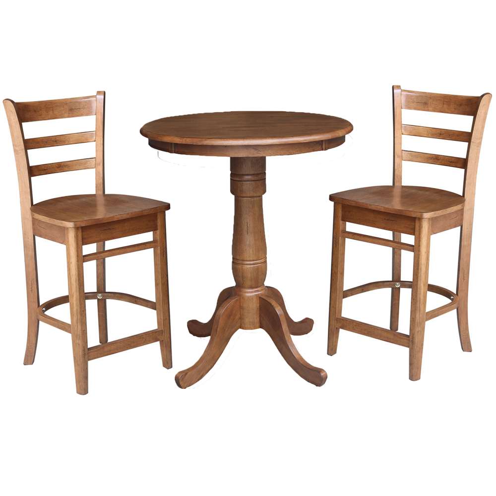 International Concepts (Set of 3 Pcs) - 30in Round Pedestal Gathering Height Table with 2 Emily Counter Height Stools in Distressed Oak Finish - K42-30RT-6B-S6172-2 veiw 1